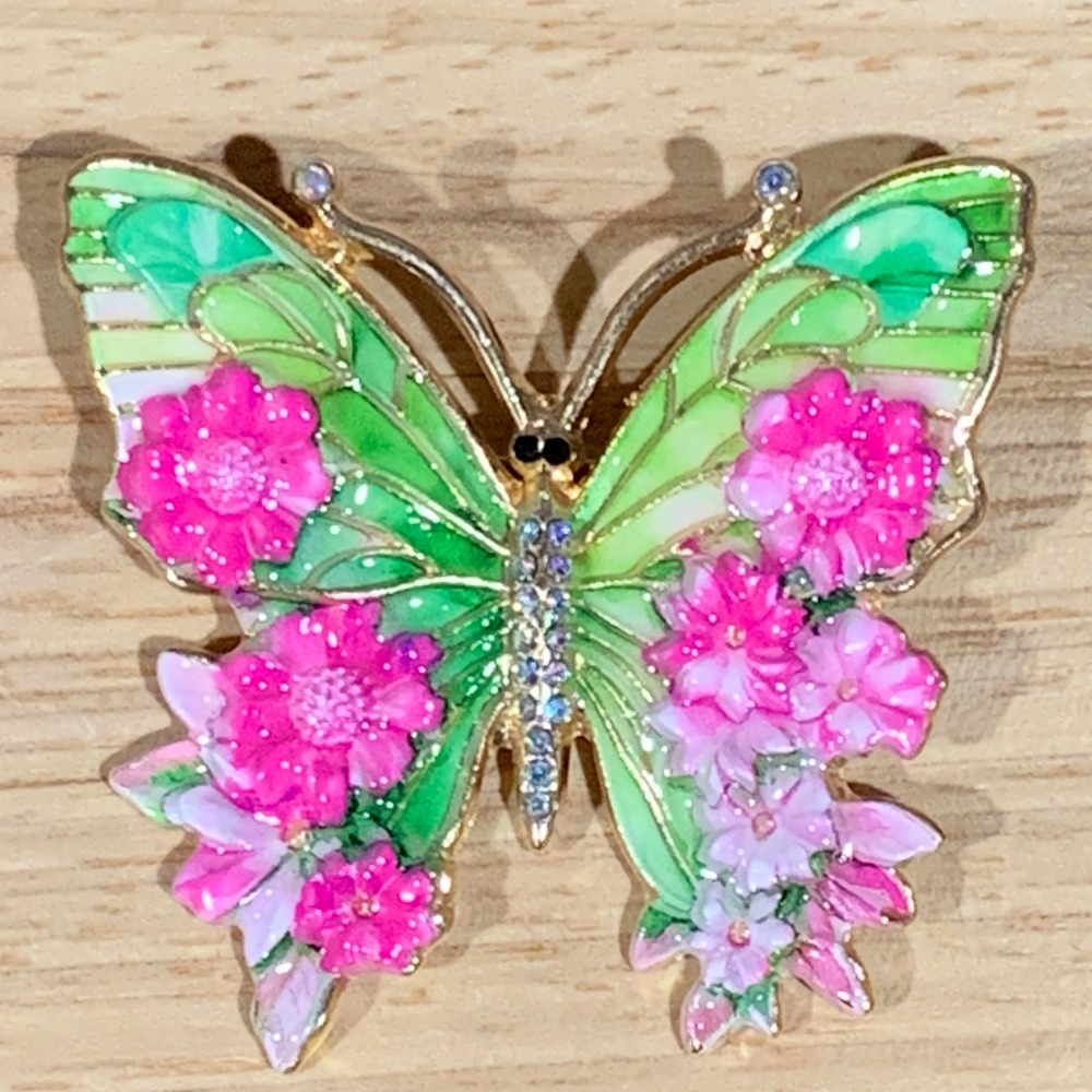 New Fairycore Butterfly Flower Enamel Brooch Pin Green Pink Gold Tone Rhinestone